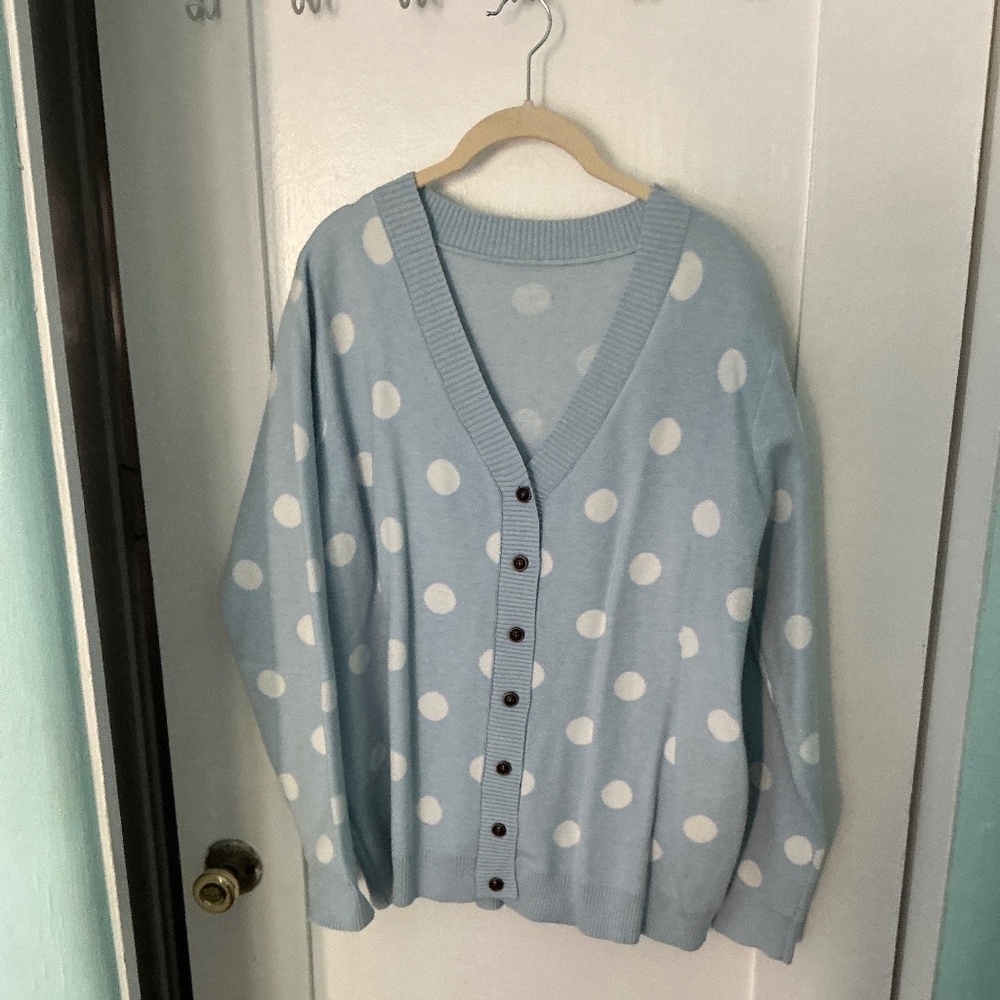 Light Blue Polka Dot Button-Up Cardigan, Size 2XL